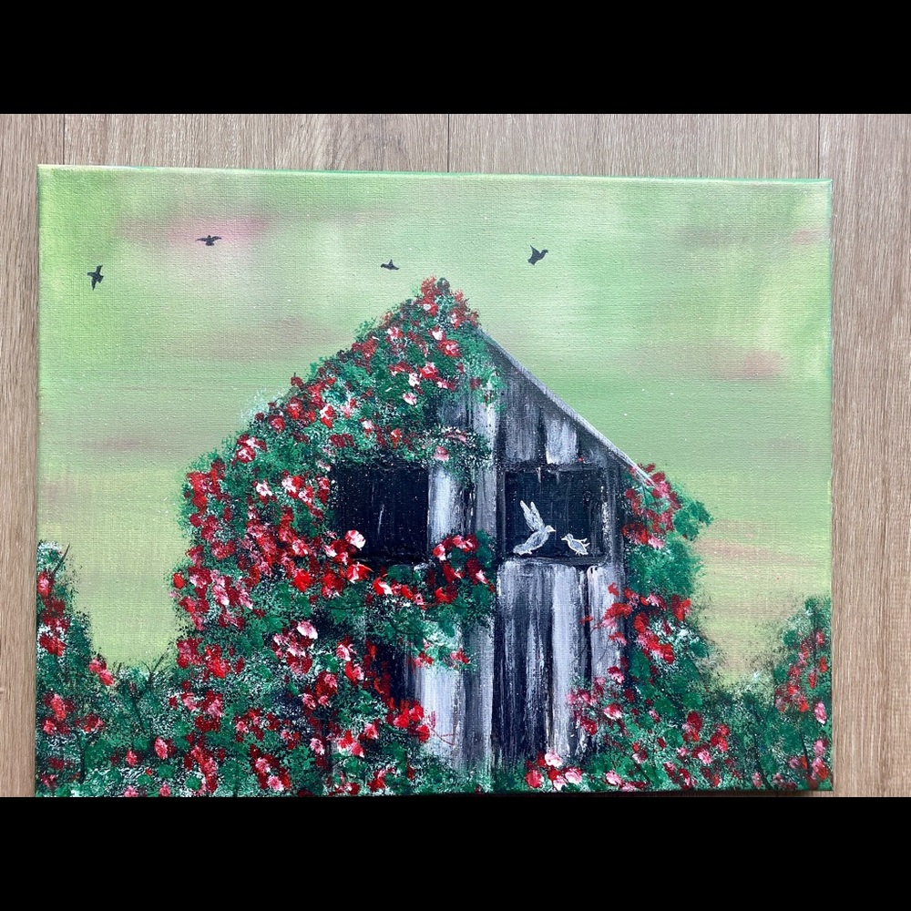 Barn covered with roses painting